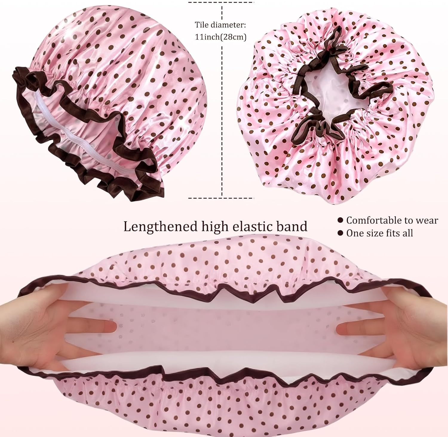 Shower Cap, 4 Pack Double Layer Shower Caps for Women, Leopard Print/Zebra/Pink Polka Dots/Black Polka Dots, Waterproof Bathing Hat for Showering, Spa, Travel and Home Use image number 4