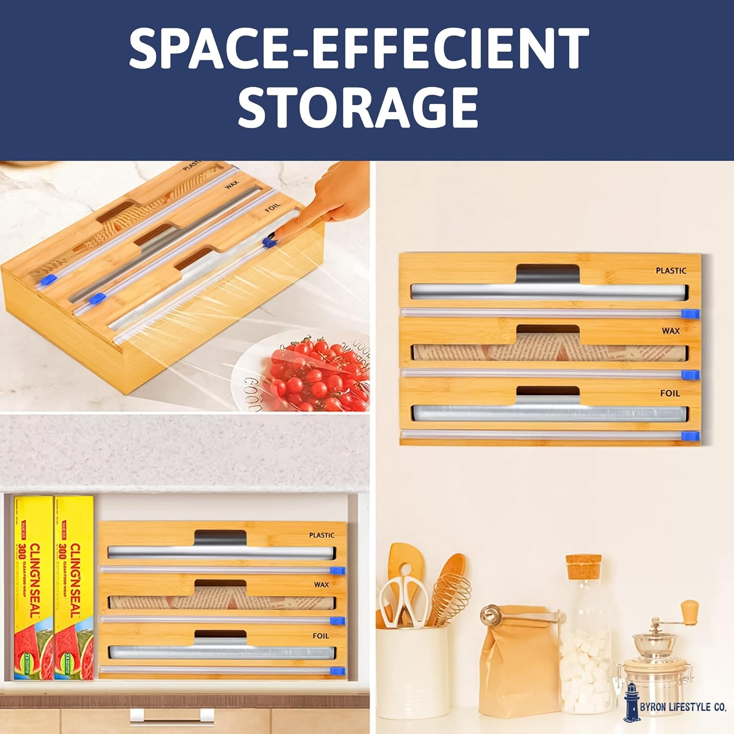 Foil and Cling Wrap Organiser - 3-In-1 Bamboo Wrap Dispenser with Built in Cutter - 33Cm, Fits Australian Cling Wrap, Aluminium Foil, and Baking Paper Rolls, Wall-Mountable or Fits in Draw. image number 3