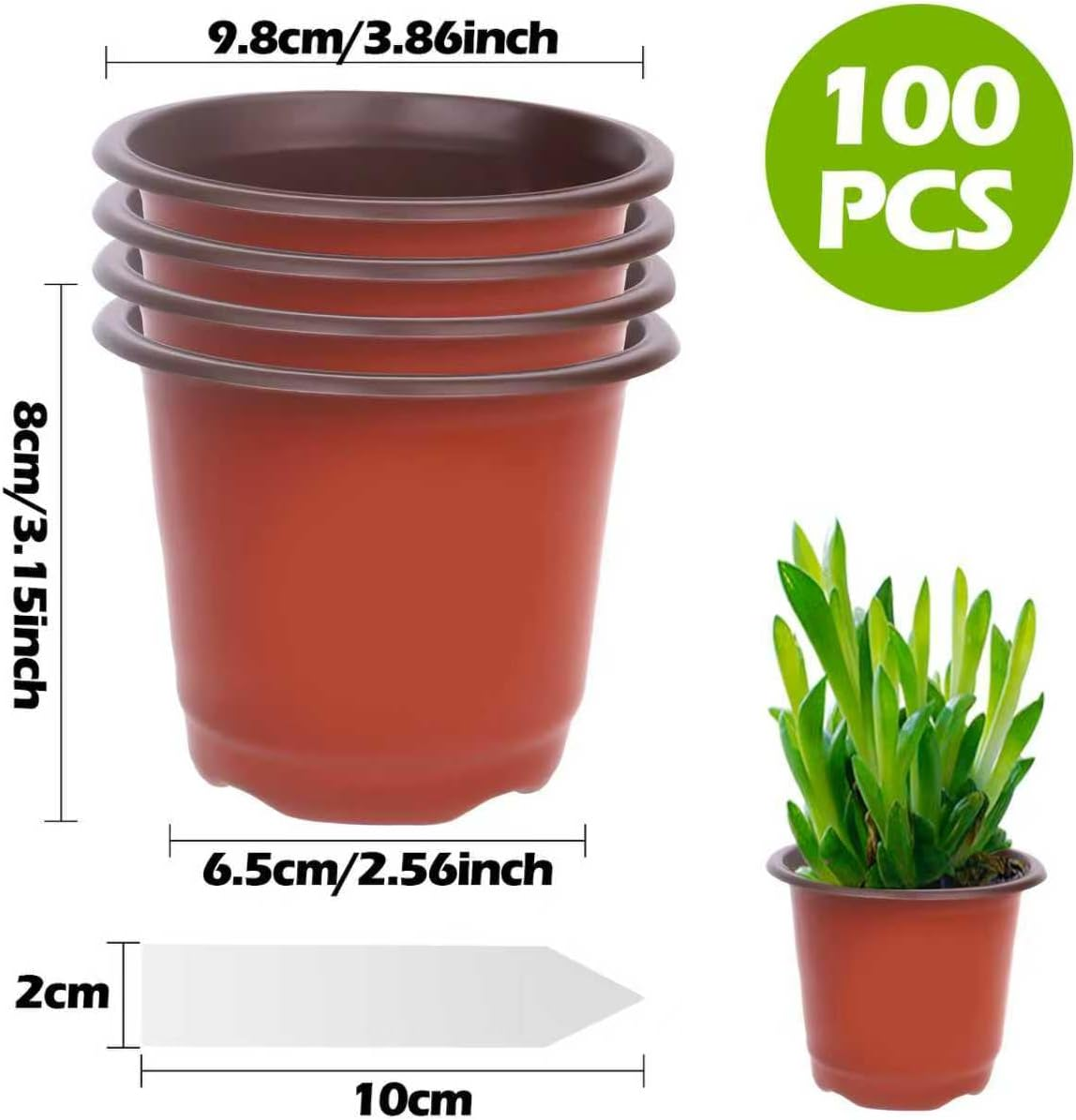 Nursery Pots for Plants 100 Pack, 4" Small Seedling Pot with Labels Seed Starting Pots with Drainage Holes, Plastic Plant Nursery Pots for Succulent Transplanting (Red)