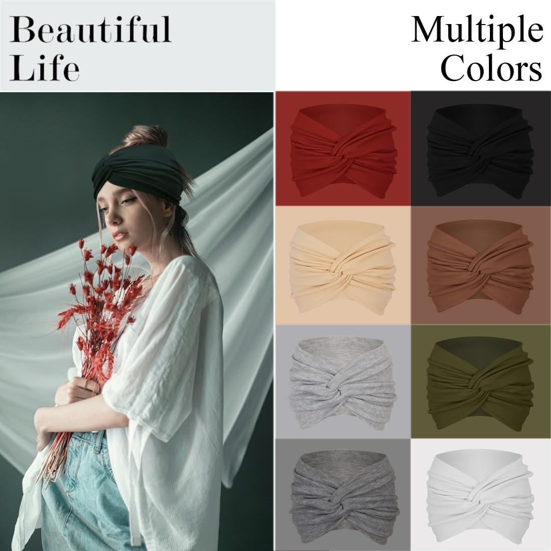 Extra Wide Headbands for Women 7'' Large Headband Twist Head Bands Women'S Hair Band Stretchy Turban Girls Styling Accessories 8 Pack - Solid2 image number 4