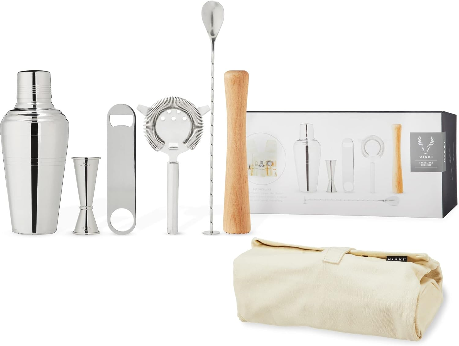 Viski Travel Bartender Kit 6Pc Set, Drink Mixers for Cocktails Gift Essentials: Classic Cobbler Shaker, Hawthorne Strainer, Bottle Opener, Jigger, Barspoon, Muddler & Canvas Carry Bag image number 6