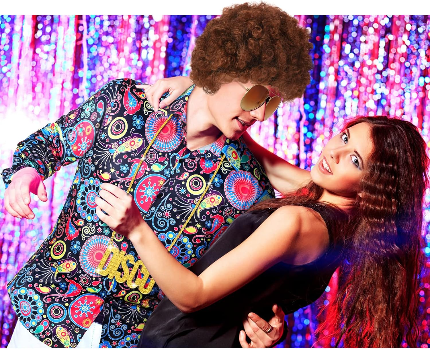 4 Pcs Mens 70S Disco Costume Set Disco Casual Paisley Top Floral Vintage Long Sleeve Shirt for 70S Disco Party Christmas Prom image number 1