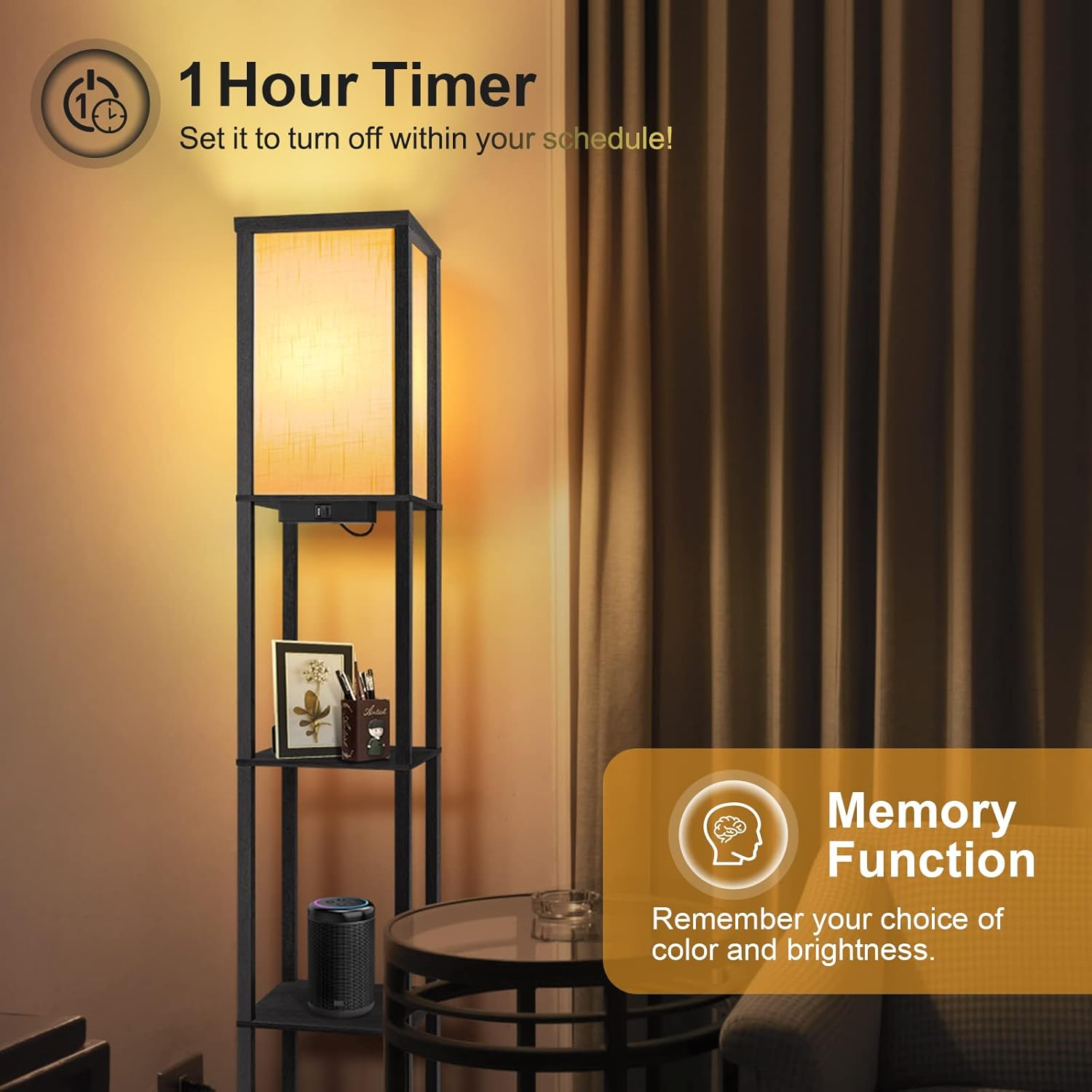 OUTON LED Floor Lamp with Shelves, Dimmable Floor Lamp with 2 USB Ports, Remote Control, 4 Colour Temperature, Storage Display Tall Standing Lamp for Living Room Bedroom Office(Black) image number 5