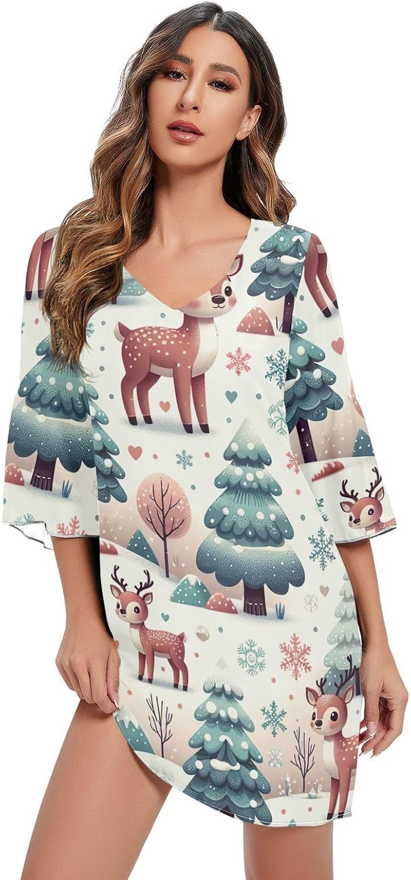 Playful Cute Deer Elegant V Neck Dress 3/4 Sleeve Maternity Dress Party image number 5