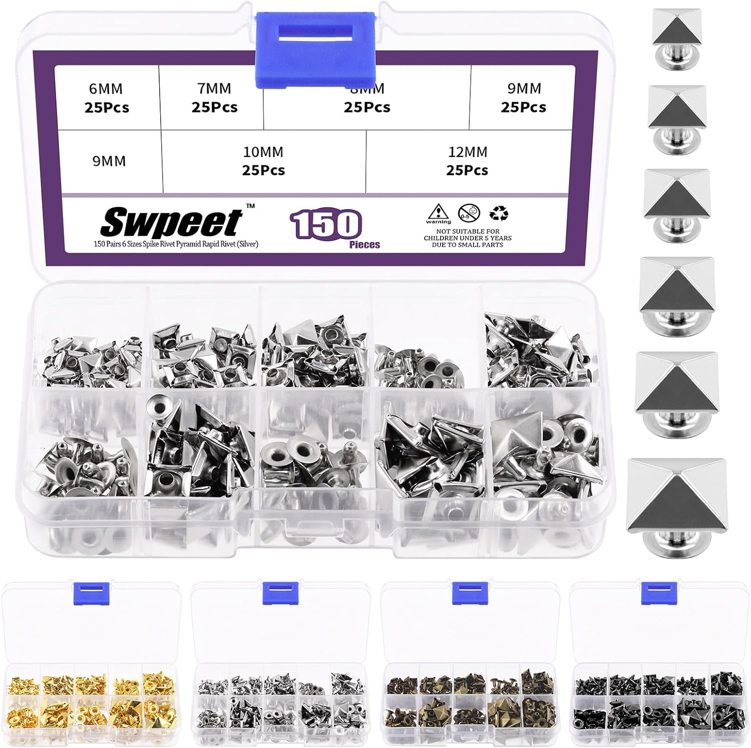 Swpeet 150Pcs 6 Sizes 6Mm/7Mm/8Mm/9Mm/10Mm/12Mm Silver Spike Rivet Pyramid Rapid Rivet Studs Kit, Square Rivets Metal Pyramid Fits for Bag Leather Clothing Shoes Rivet Handicraft DIY Punk image number 2