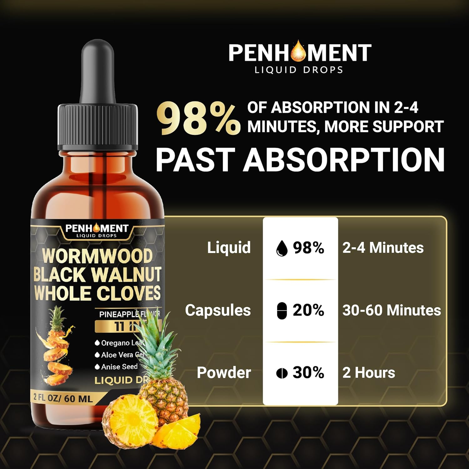 11In1 Liquid Wormwood Drops with Black Walnut, Whole Cloves, Oregano & 7 More - Pineapple Flavor - 2 FL OZ - 60 Days Supply image number 4