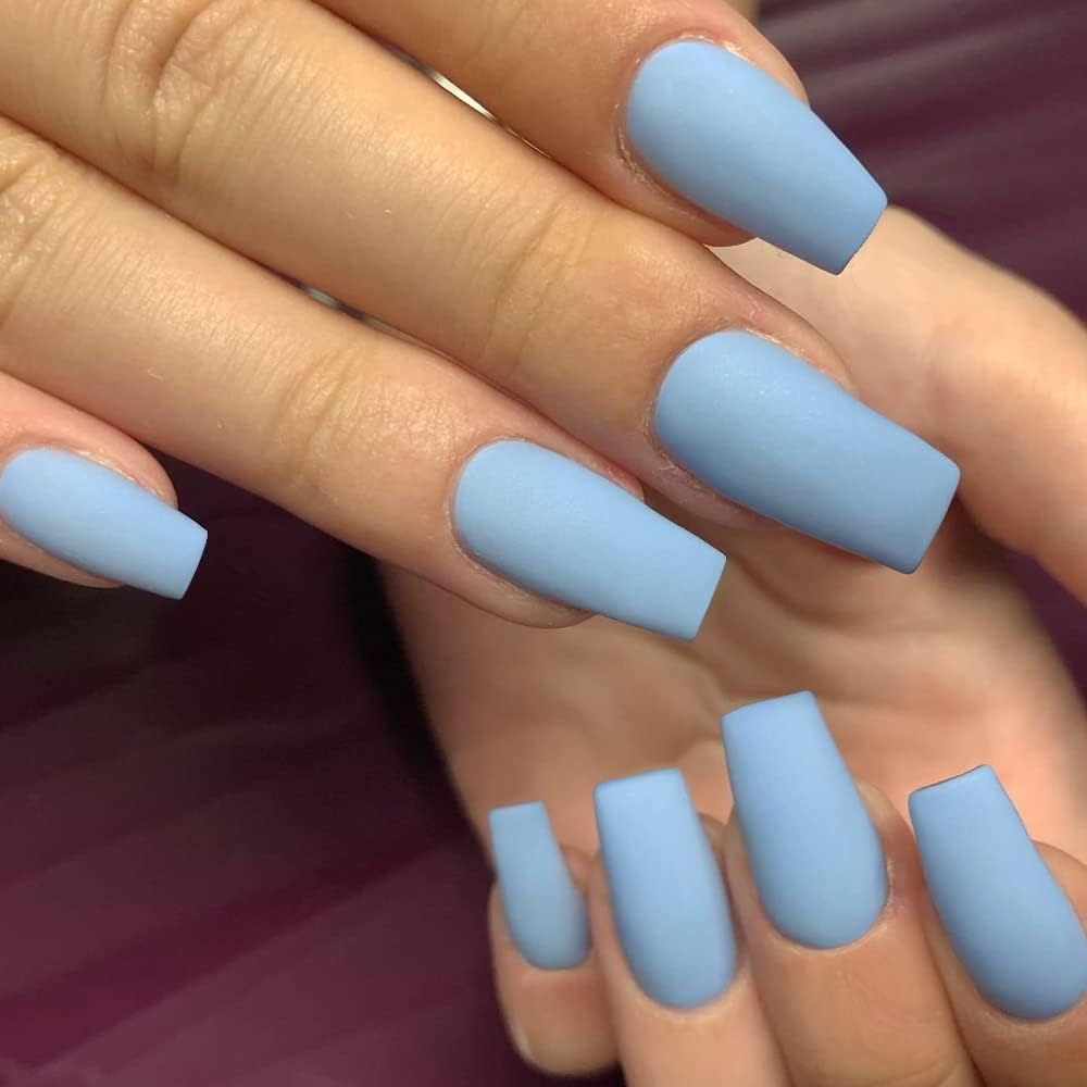 Matte Baby Blue Press on Nails Medium Short Square, Xcreando Salon like Coffin Fake Nails with Plain Colour, No Transparent Stick on Nails for Women, Natural Press-On Pack of 24 image number 1