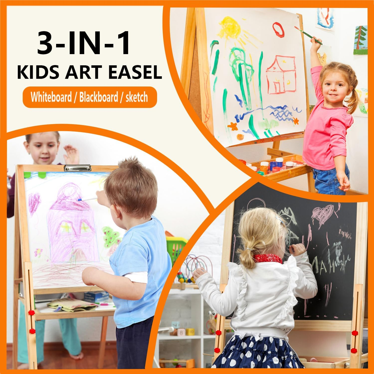Double Sided Art Easel for Kids Easel with Magnetic Whiteboard & Chalkboard, Adjustable （80Cm-146Cm ,55*55Cm）Standing Wooden Children'S Painting Easel with Paper Roll for Toddlers 2-8 Years Art Easel image number 1