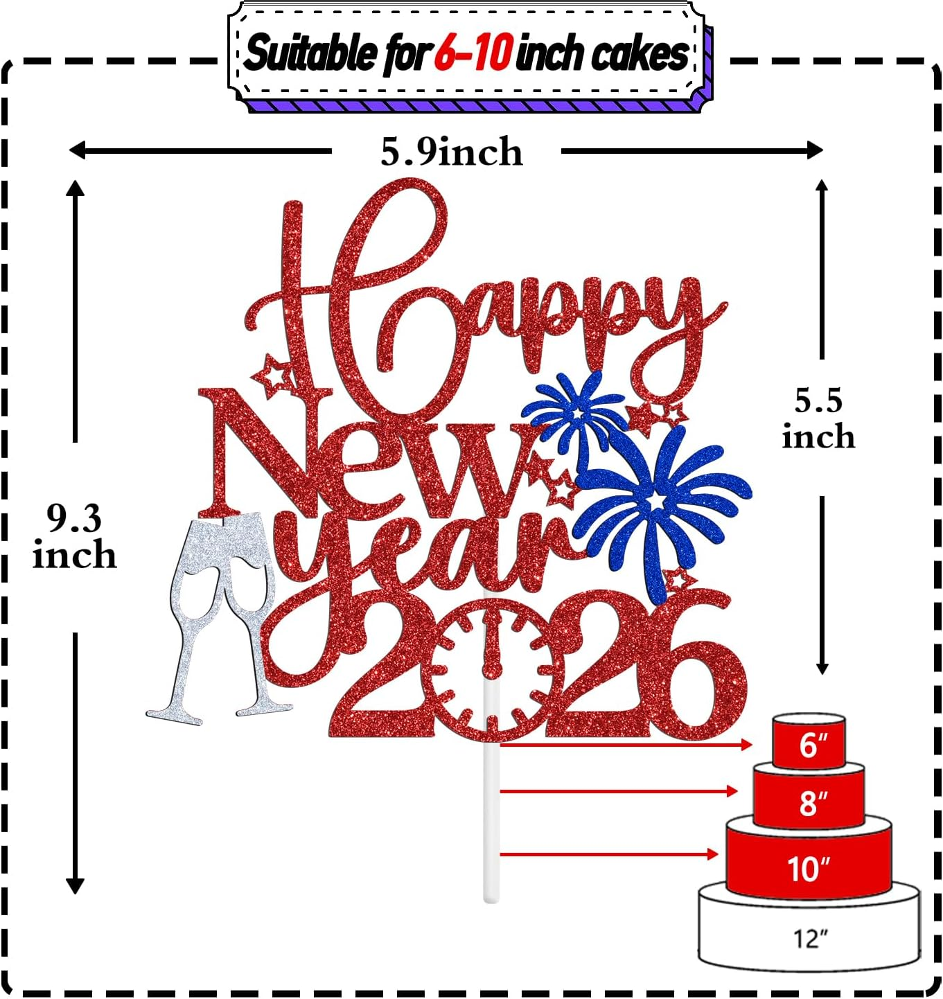Happy New Year 2025 Cake Topper, Welcome 2025 Goodbye 2024, New Year Eve/Happy Hoilday/Merry Christmas Party Decorations Supplies, Photo Props, Red and Blue Glitter image number 2