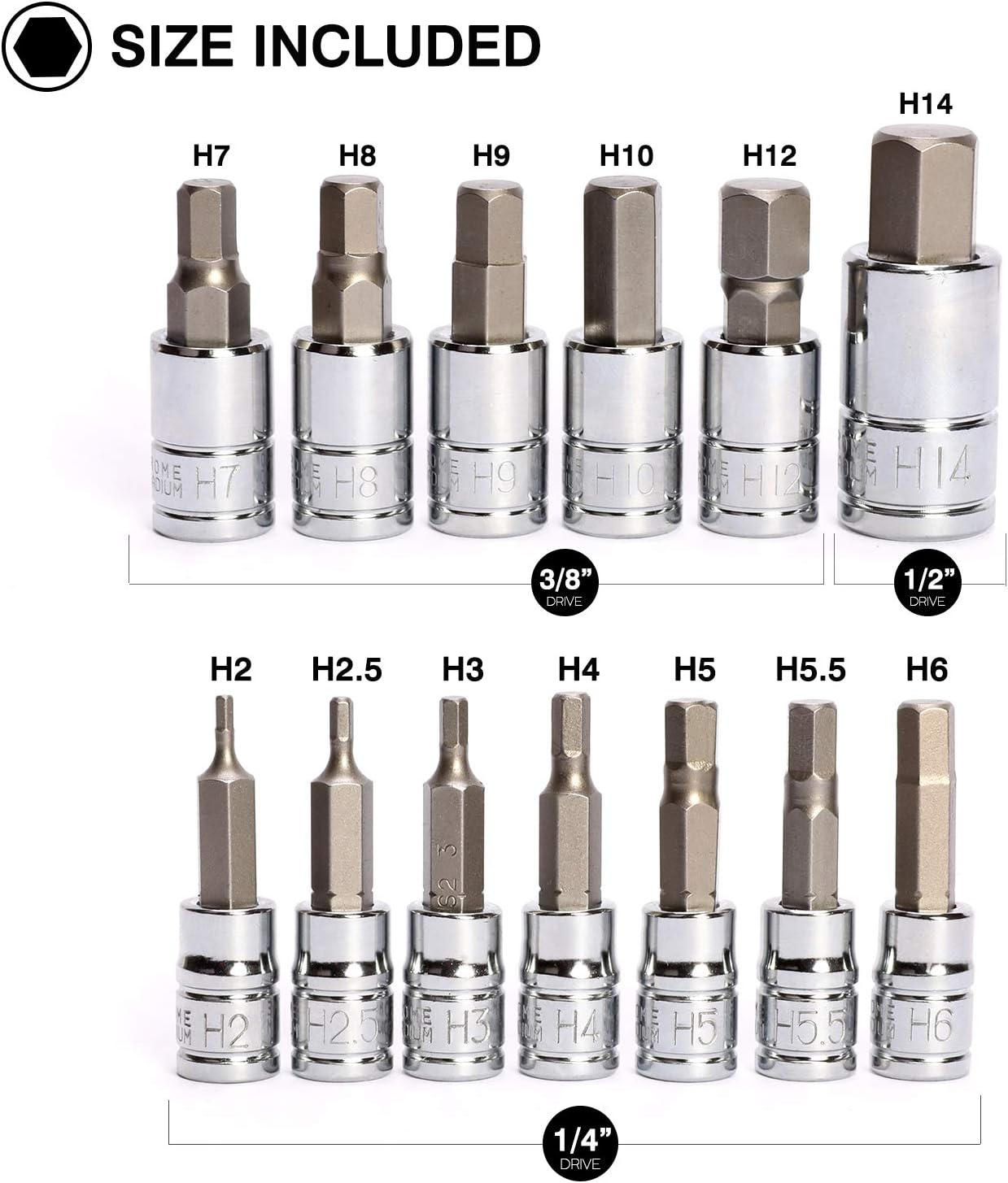 CASOMAN 13 Piece Hex Bit Socket Set, S2 Steel Bit Socket Tool Kit, Metric, 2Mm - 14Mm, Allen Bit Socket Kit image number 3