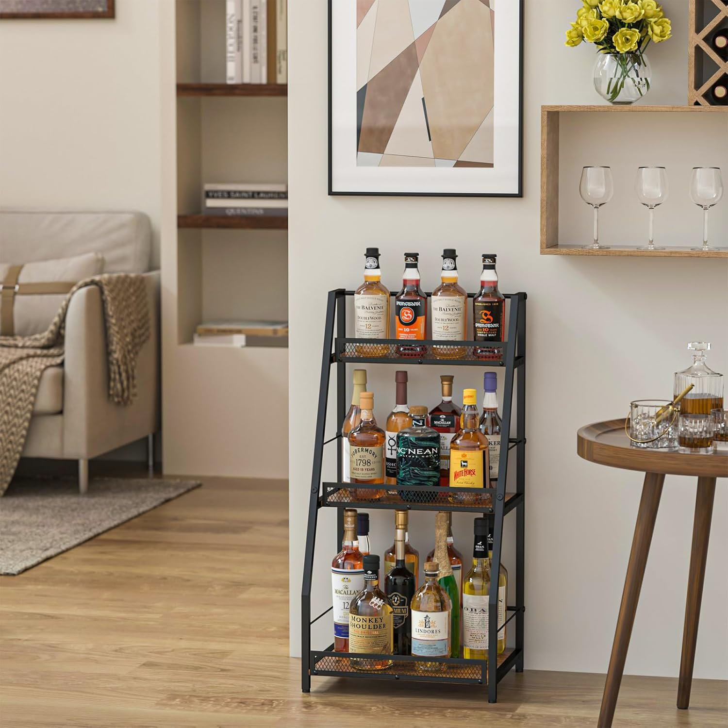 3-Tier Trapezoid Liquor Stand for Home Bar, Stepped Wine Rack Freestanding Floor for Liquor Whiskey Wine, Versatile Corner Wine Bottle Display Stand with Fences, Vintage Brown（Patent Pending） image number 5