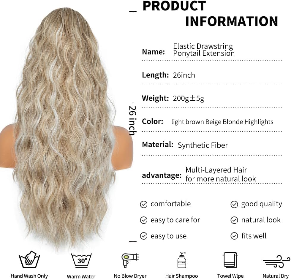 26 Inch Blonde Ponytail Extension, Drawstring Ponytail Extension for Women, Long Wavy Pony Tails Hair Extensions, Synthetic Hair Extensions Ponytail for Daily Use - 4/30 image number 6