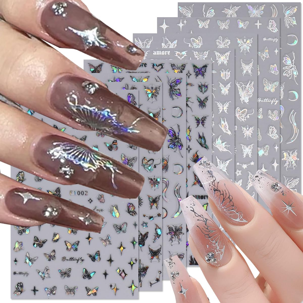 8 Sheet Black White Butterfly Nail Art Stickers 3D Butterflies Nail Decals for Women 3D Holographic Laser Butterfly Sparkly for Nail Designs Butterfly French Glitter DIY Nail Charm Manicure Decoration