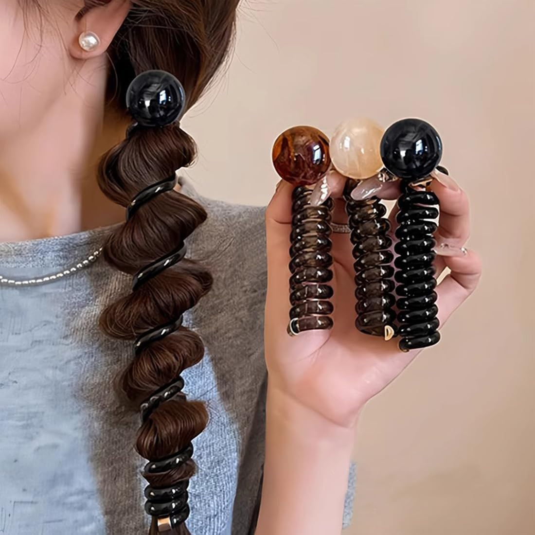 3 Pcs Bead Bubble Spiral Hair Tiestelephone Wire Hair Bands Elastic Hair Ties for Women Girls Ponytail Holder Accessories