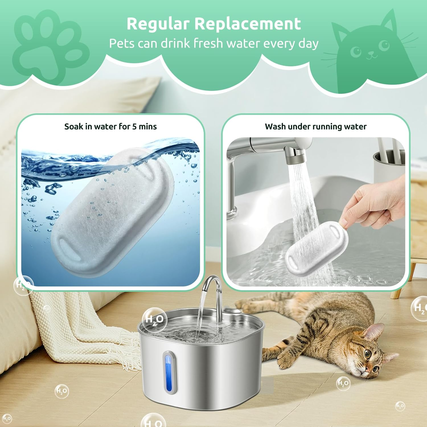 8-Pack Cat Fountain Filter Replacement for 108Oz/3.2L & 74Oz/2.2L Stainless Steel Cat Water Dispenser, 8 Pieces Carbon Filter & 8 Pieces Foam Triple Filtration Filter for 2L Drinking Fountain Bowl image number 3