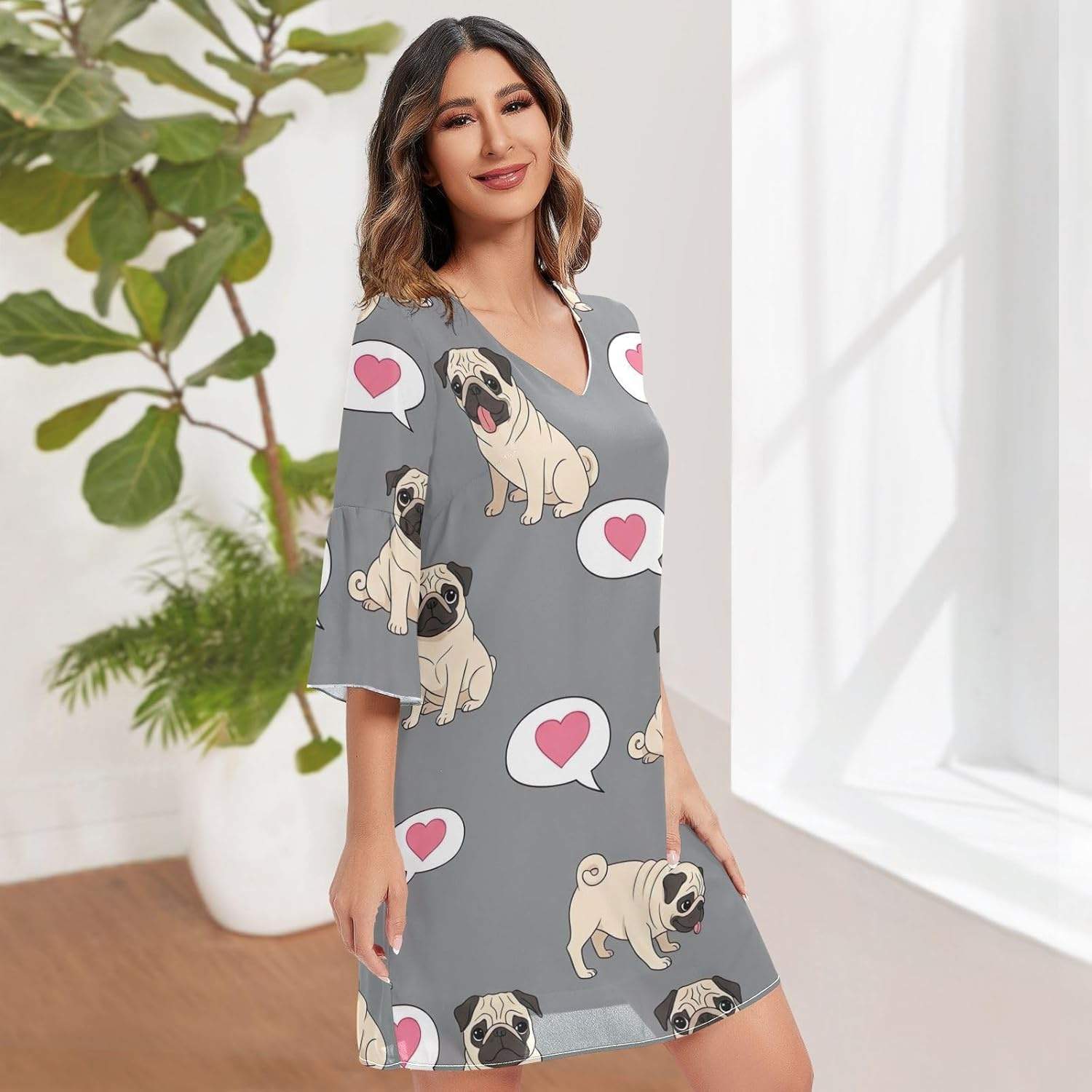 Cute Pugs Heart Gray Chiffon V Neck Dress Printed Line Maternity Dress