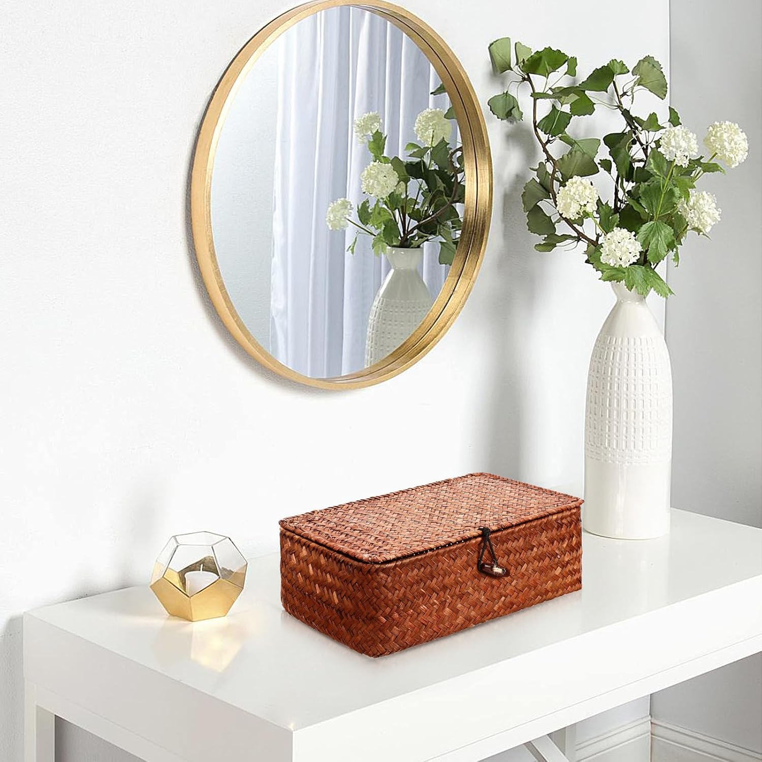 LIFKICH 3Pcs Handwoven Rattan Storage Baskets with Lid, Rustic Seagrass Sundry Organizer Boxes for Living Room and Coffee Table, Dustproof Desktop Storage Set (Large, Medium, Small)