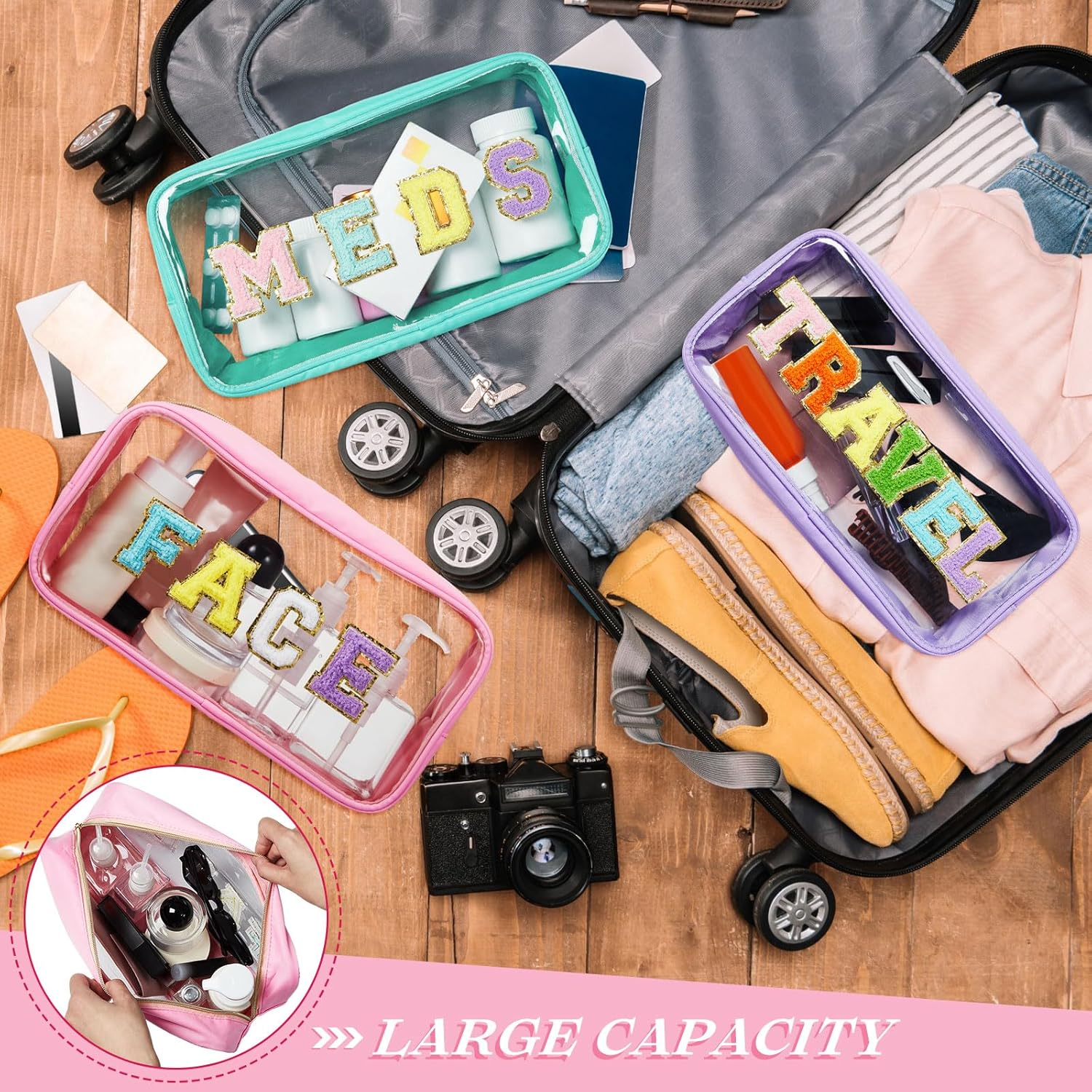 Abbylike 6 Pcs Large Chenille Letter Cosmetic Bag Preppy Patch PVC Nylon Makeup Bag Portable Glitter Clear Cosmetic Bags with Zipper Travel Toiletry Storage Stuff Pouch for Women, as Shown in Pictures, Classic image number 4