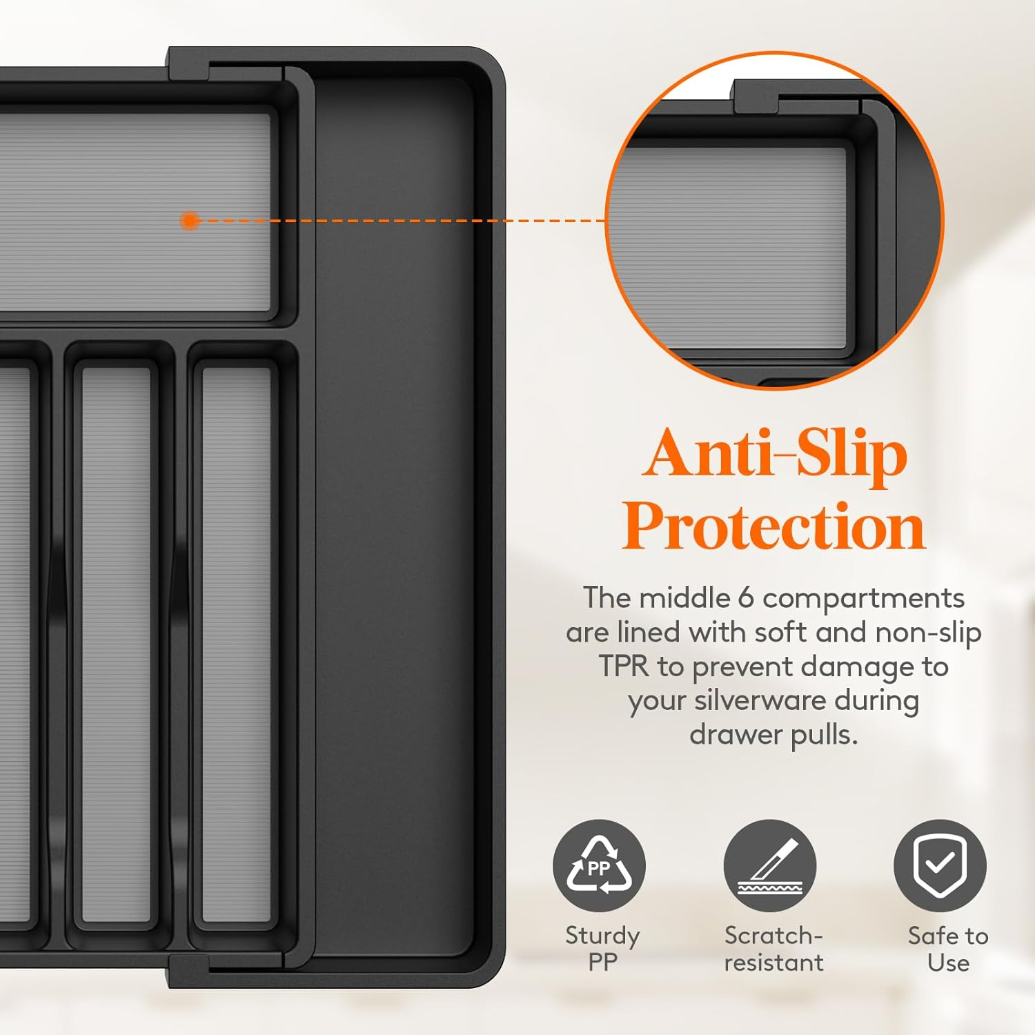 Lifewit Silverware Drawer Organizer, Expandable Utensil Tray with Non-Slip TPR, Deep Flatware Cutlery Holder, Adjustable Plastic Kitchen Storage for Spoons Forks Knives, Large, Black and Gray image number 3
