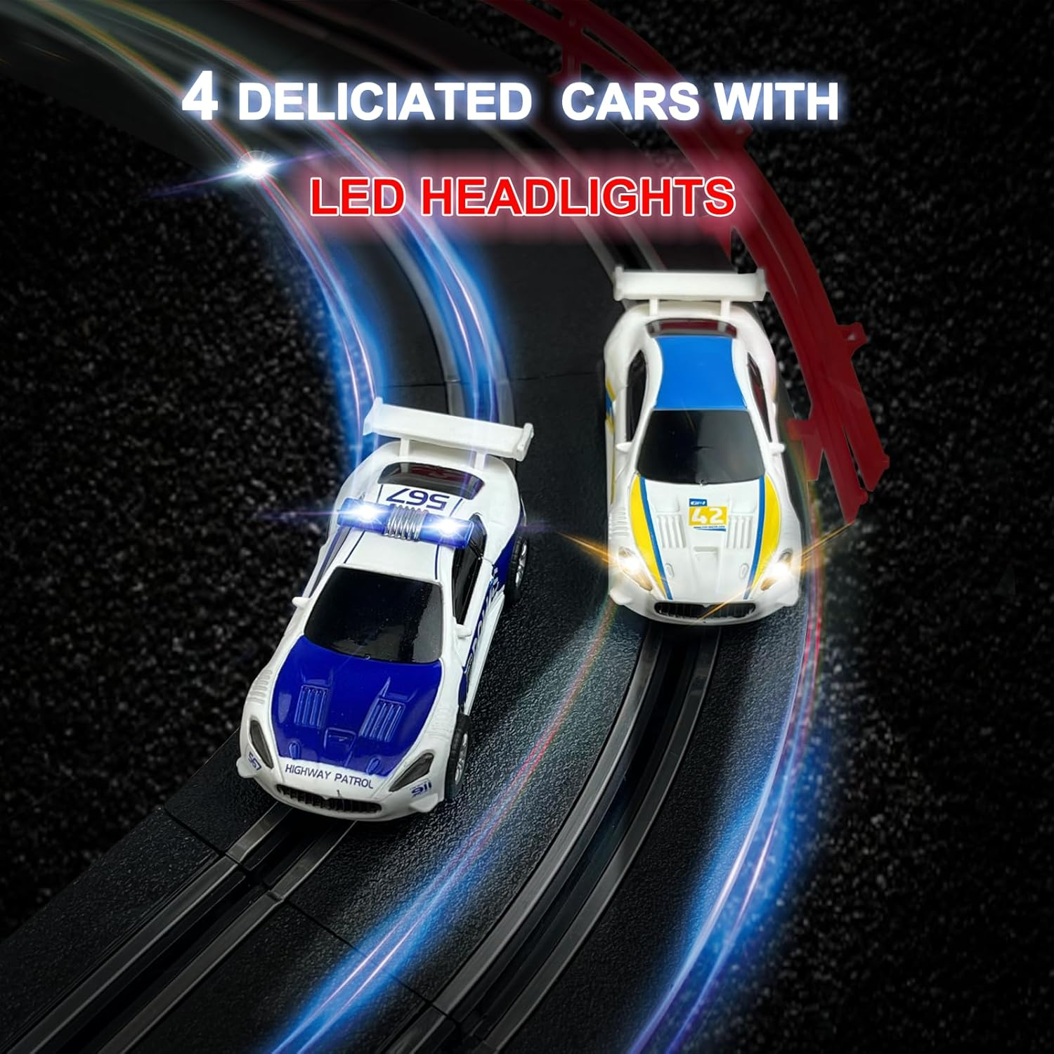 Slot Car Race Track Sets with 4 Light-Up Slot Cars, Battery or Electric Car Track, 2 Adjustable Speed Hand Controls, Track Parts and Lap Counter, Gifts Toys for Boys Girls Kids Age 4 5 6 7 8-12