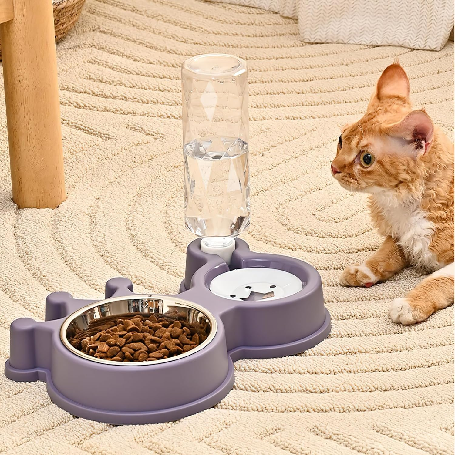 Cat Feeding Bowl with Automatic Water Bottle, Non-Slip Cat Bowl Set, 2 in 1 Cat Food Bowls with Mat for Small and Medium Dogs and Cats, 32 X 20.5 X 5.5 Cm