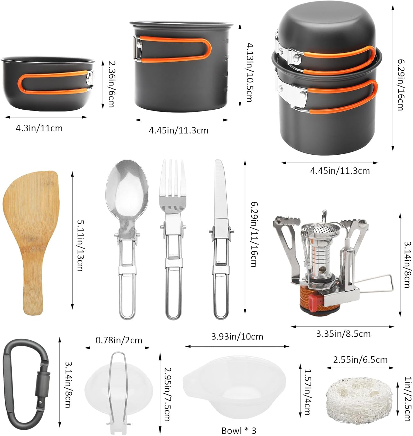 HENGBIRD 15-Piece Camping Crockery Set, Foldable Camping Cookware Set, Camping Pots Frying Pan with Stainless Steel Cutlery, Drinking Cup, Mini Camping Stove for Hiking, Outdoor Cooking, Picnick, 1-2
