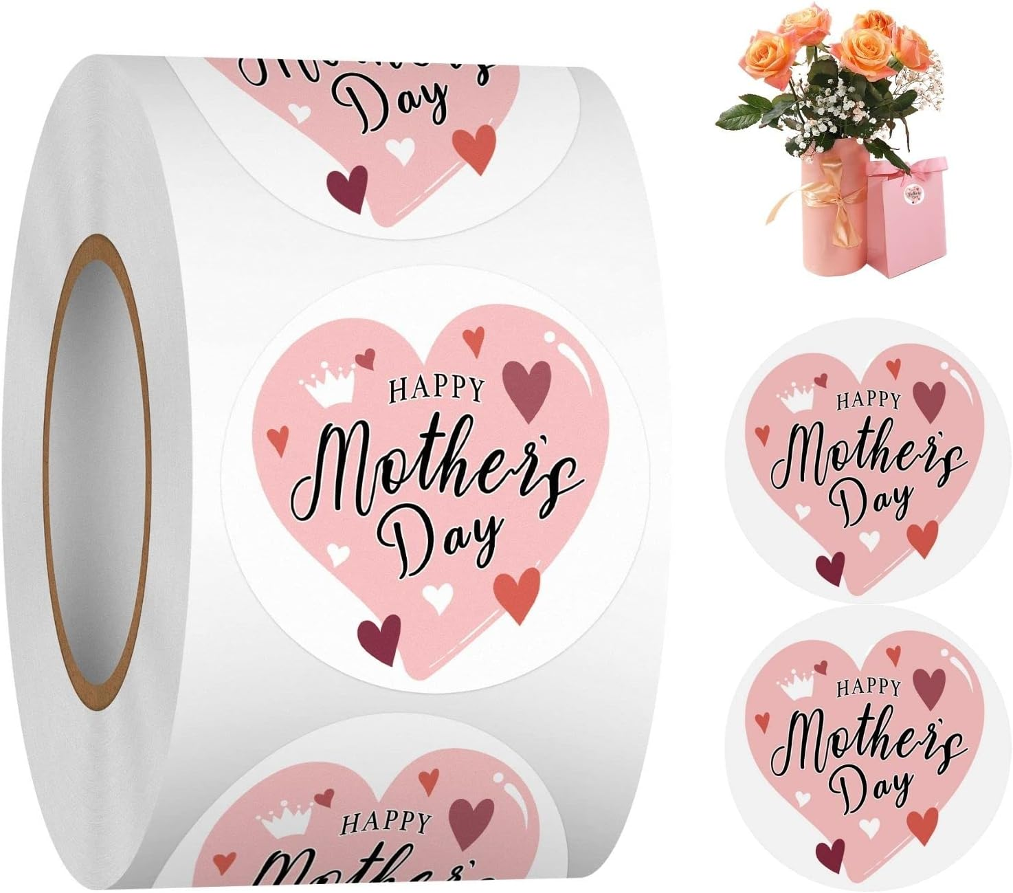 Happy Mother'S Day Label Stickers Roll，1.5 Inch 500 Pcs Love Heart Mothers Day Stickers, Gift Tag Stickers for Envelope Seals Party Gift Favors Box Cards Decorations