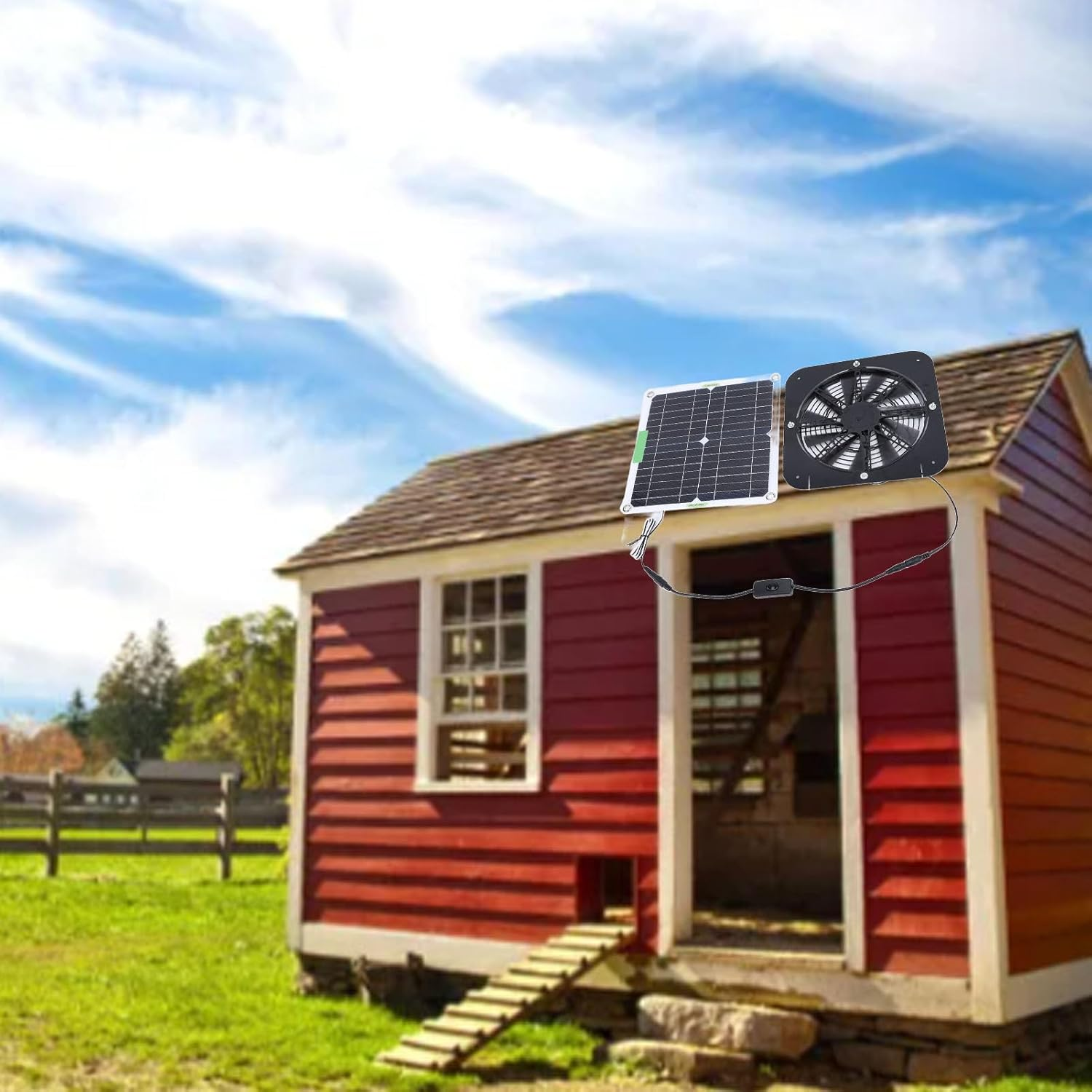 Solar Exhaust Fan, 100W Monocrystalline Silicon Solar Panel + Ventilating Fan 13.5 Inch, Solar Ventilation with Switch Cord, for Greenhouse, Chicken Coop, Shed, Attics image number 5