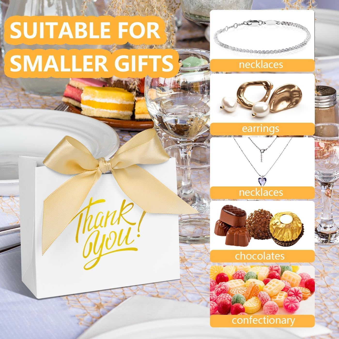 50Pcs Small Thank You Gift Bags, 12 * 4.5 * 10Cm Party Favor Bags Boxes with Bow Ribbon, Small Paper Gift Bags White Mini Candy Treat Bags for Birthday Wedding Party Holiday (4.5X1.8X3.9 Inch) image number 6