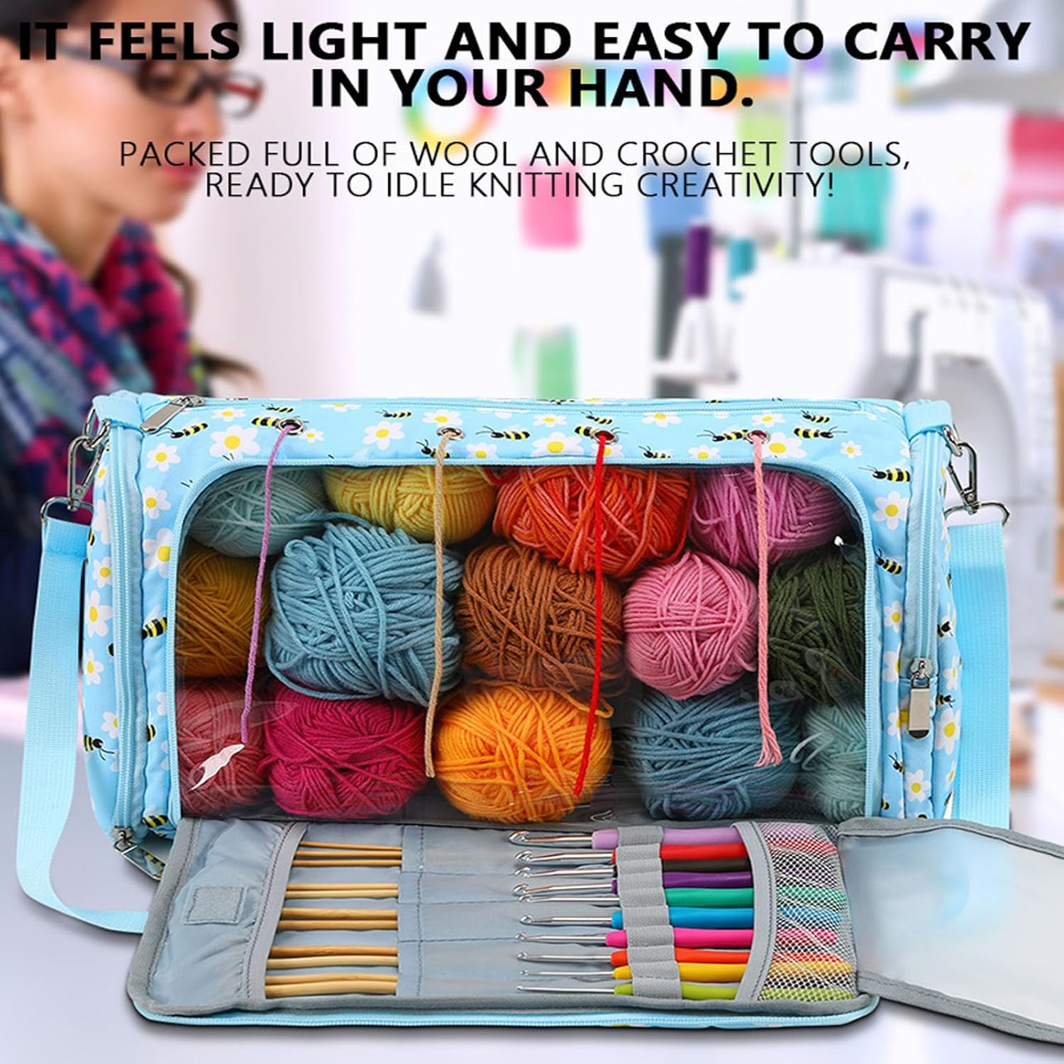 Yarn Bag with Holes for Crochet, Traveling Yarn Storage Organizer Crochet Bag and Tote for Crochet Supplies, Store Huge Amount of Stuff, Carry-On Carrier Bag Case Gifts for People Who Crochet