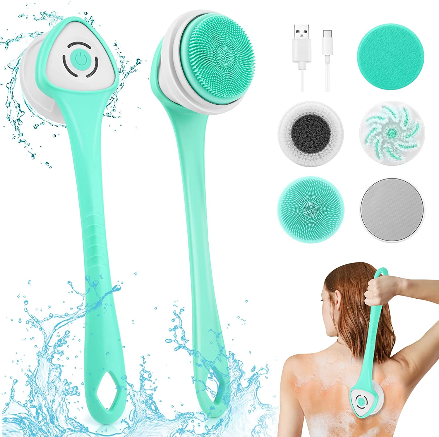 LINGSFIRE Electric Body Bath Brush, Rechargeable Back Brush Long Handle for Shower with 5 Spin Shower Facial Brush Head Waterproof Silicone Body Scrubber Exfoliating Deep Cleansing Brush for Women Men image number 1