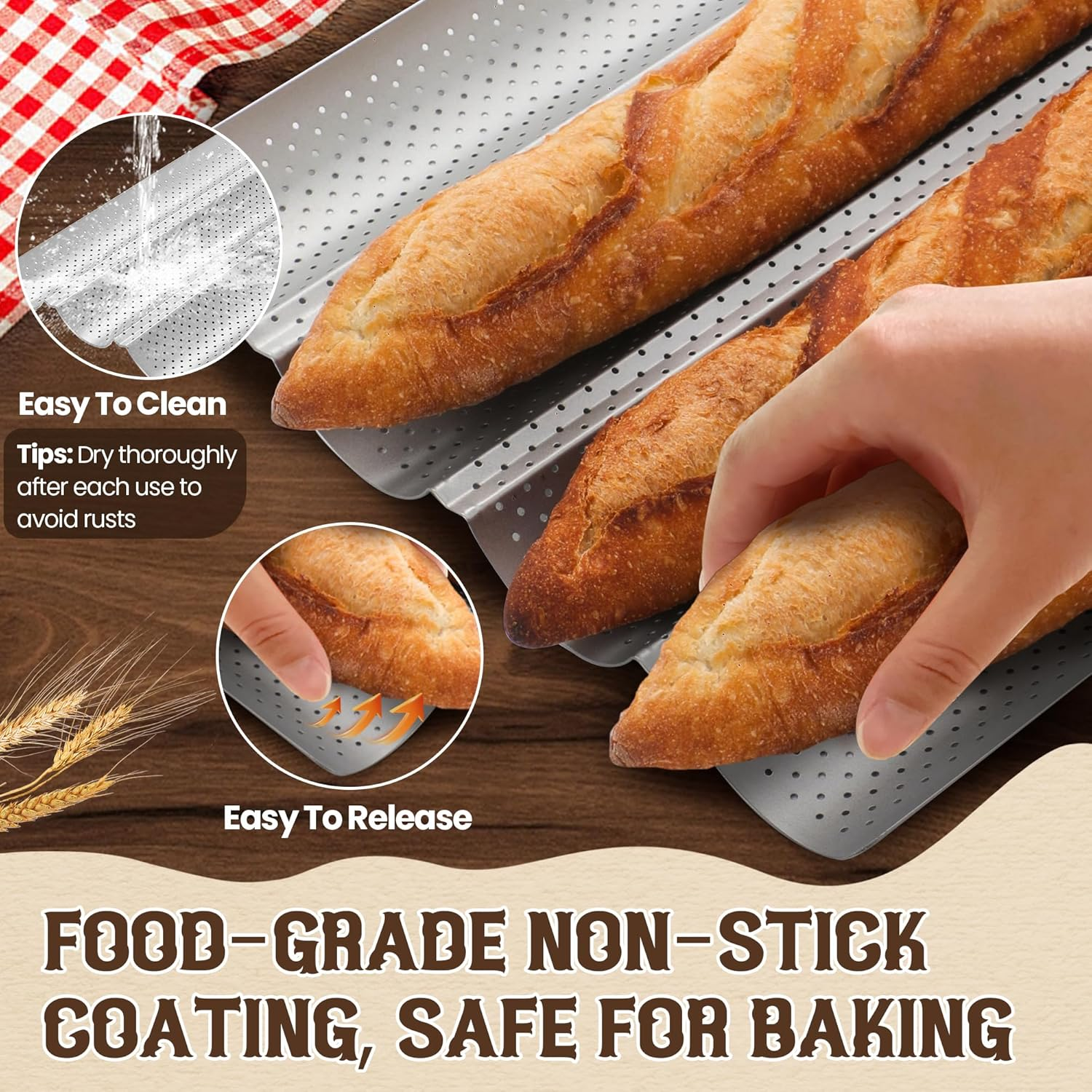 Pavsrmy Baguette Bread Pan, Premium Nonstick Perforated Baguette Pan for French Bread Baking, 4 Loaves Baguette Baking Tray for Sourdough, Italian Bread, Perfect for Creating Crisp Golden-Brown Crust image number 1