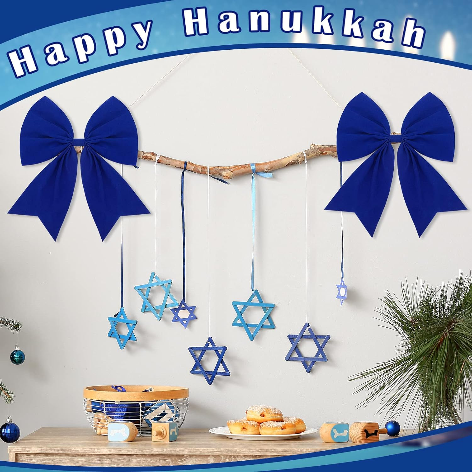 Giegxin 4 Pcs Large Christmas Wreaths Bows 9 X 10.6 Inch Christmas Tree Velvet Ornaments Bows Xmas Tree Topper for Xmas Holiday Home Outdoor Party Decoration(Blue) - Beige image number 5