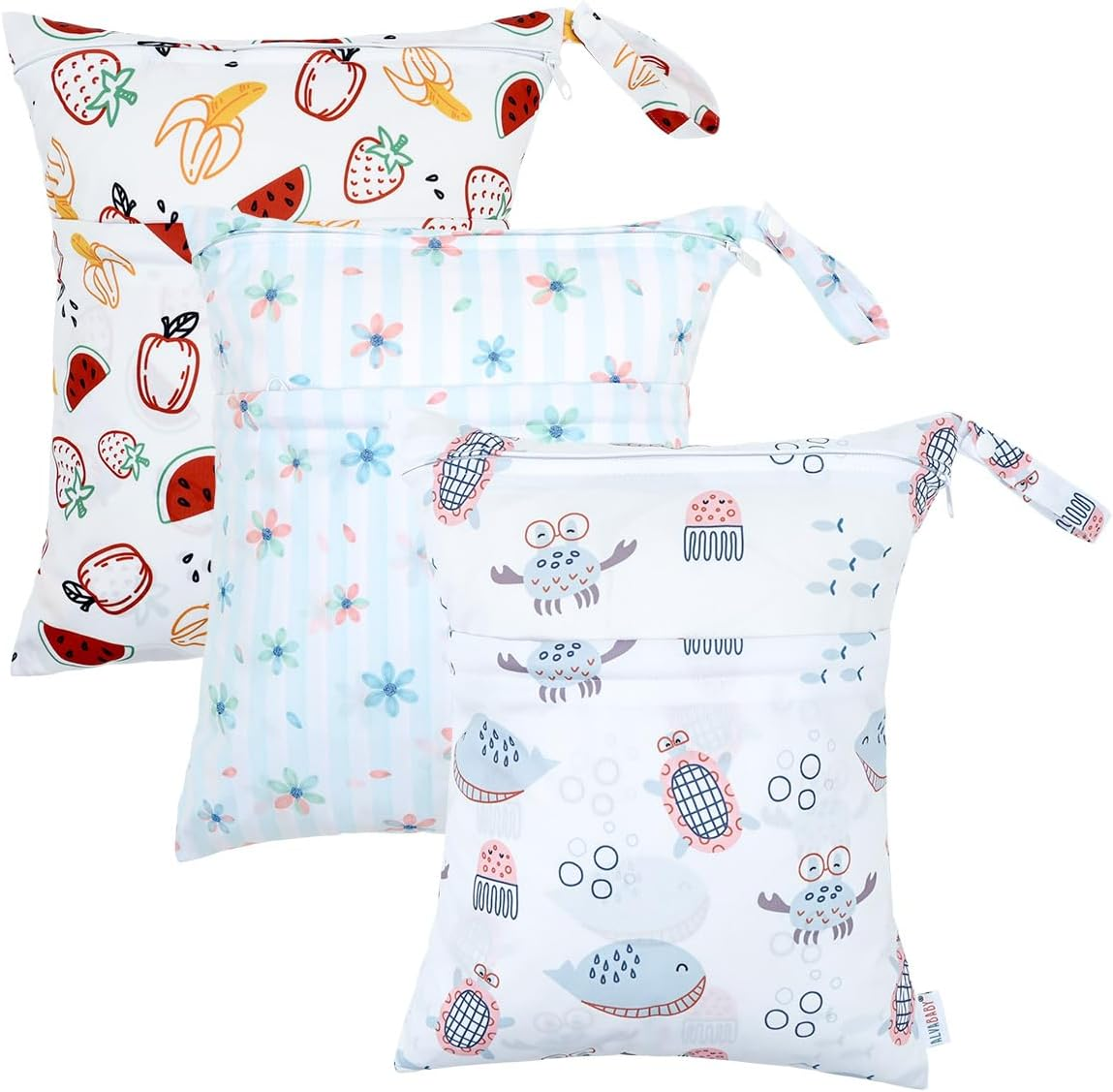 ALVABABY 3 Cloth Diaper Wet Dry Bags Waterproof Reusable with Two Zippered Pockets Travel Beach Pool Daycare Soiled Baby Items Yoga Gym Bag for Swimsuits or Wet Clothes Small Medium Large 3L-ZM27 image number 1