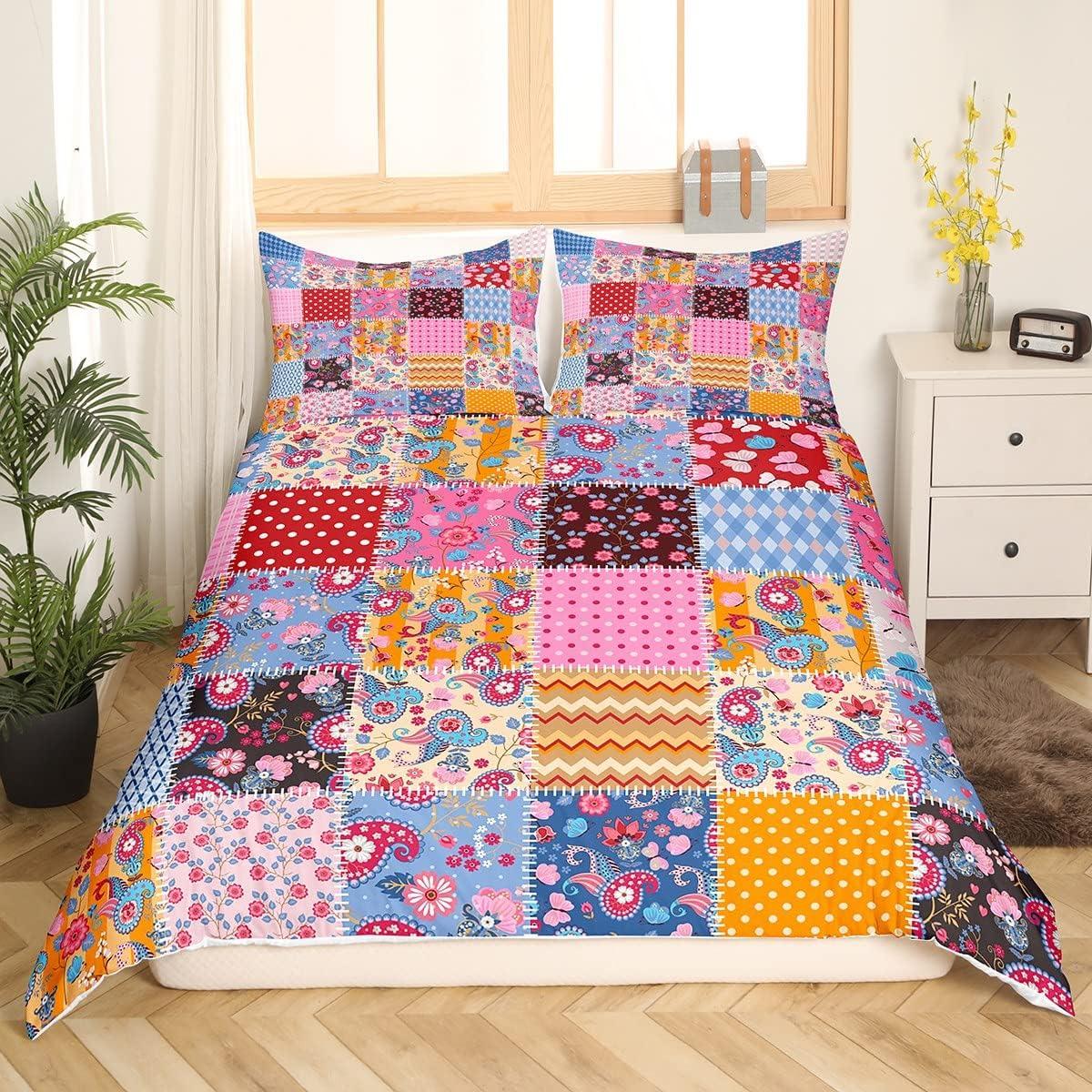 Manfei Floral Grid Patchwork Duvet Cover Set S Size, Vintage Paisley Flowers Dots Stripes Check Comforter Cover Romantic Boho Style Bedding Sets Children Girls Women Colourful Rustic Quilt Cover image number 1