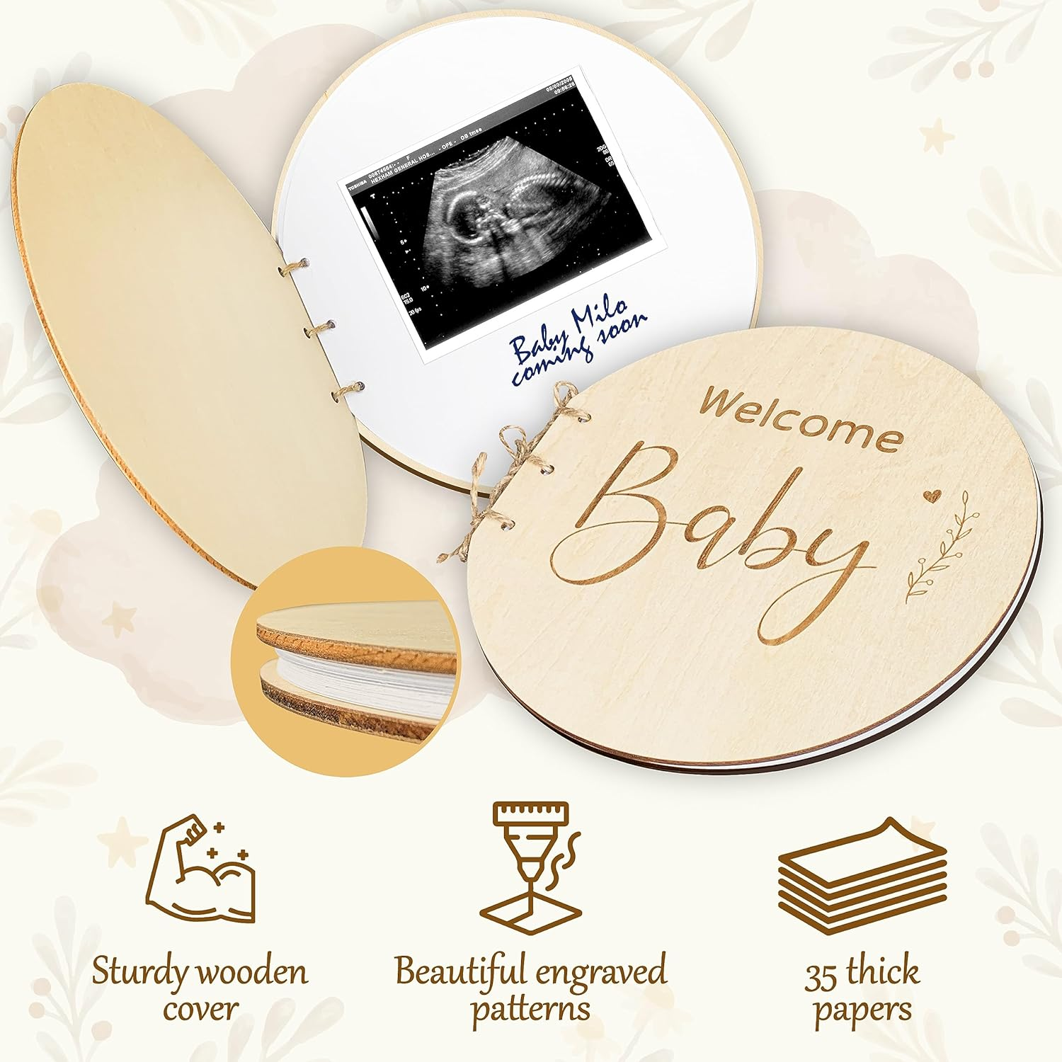 Stofinity Wooden Baby Shower Guest Book Alternatives for Girl - Welcome Baby Shower Sign in Guest Book for Boy, Blank Baby Shower Book Guest, Baby Shower Games Guestbook Keepsake Memory Book image number 3