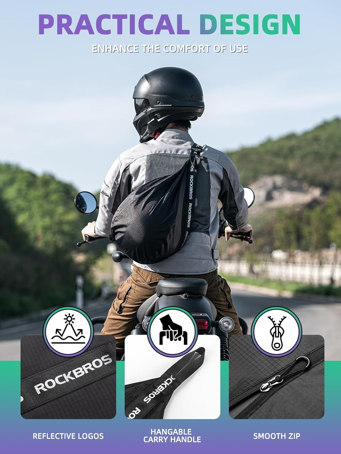 ROCKBROS Motorcycle Helmet Backpack Helmet Bag Large Capacity Waterproof Lightweight Storage Bag with Reflective Stripe Model for Motorcycle Dirt Bike Motocross Bicycle Racing ATV, Black, One Size, image number 4