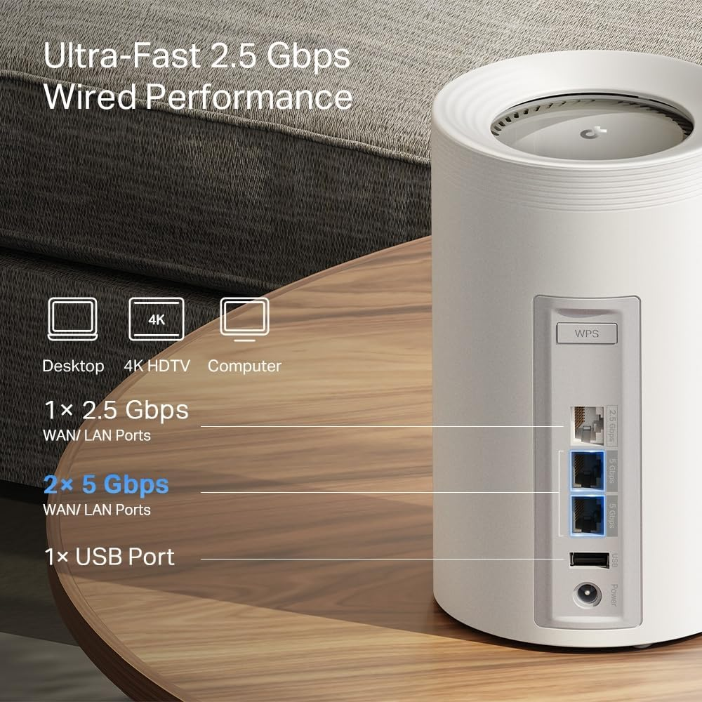 Tp-Link Deco BE11000 Whole Home Mesh Wi-Fi 7 System, up to 9.3Gbps, 4K-QAM, Tri-Brand, 320 Mhz, MLO, 2 X 5 Gbps Ports, Homeshield Security, AI Roaming, Easy Setup&App Control (Deco BE65 Pro(2-Pack))