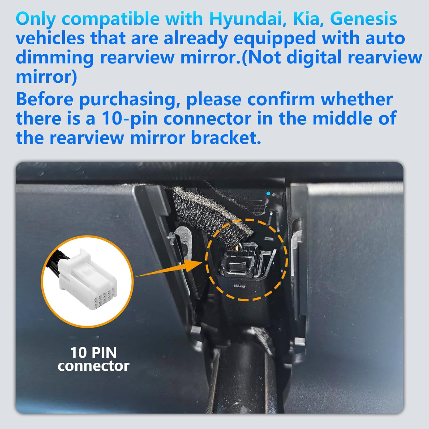 Dashcam Power Adapter 10 Pin (Model A) Custom for Hyundai Kia Telluride Sorento Soul Rio Carnival Sedona EV6 and More,Gps Radar Mirror Camera Dash Cam Adapter,Connects to Rearview Mirror (Hidden) image number 1