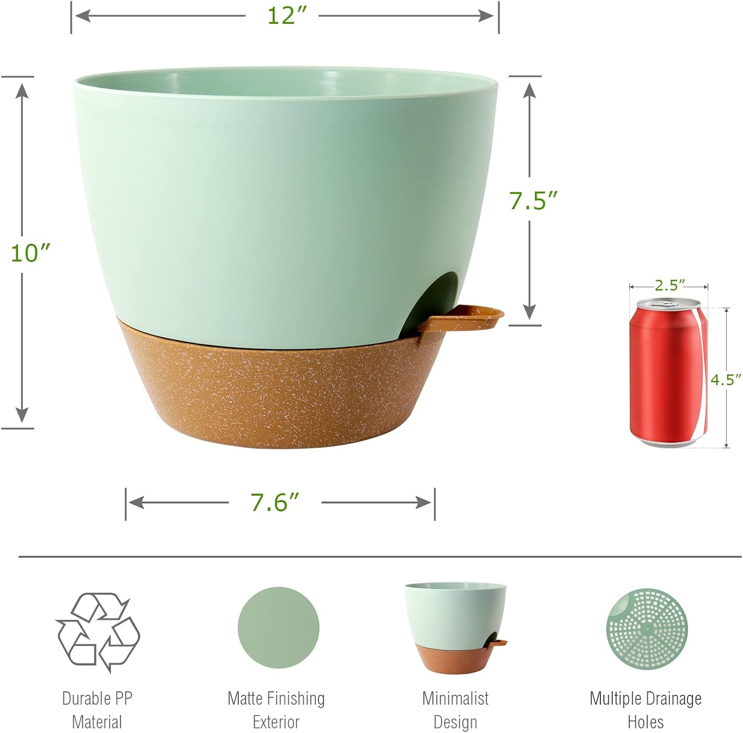 12 Inch Large Self Watering Pots, Plastic Planters with 60Oz Removable Deep Reservoir and Multi Mesh Drainage Holes for Indoor Outdoor Garden Plants and Flowers, Green with Brown - Black With Brown image number 3