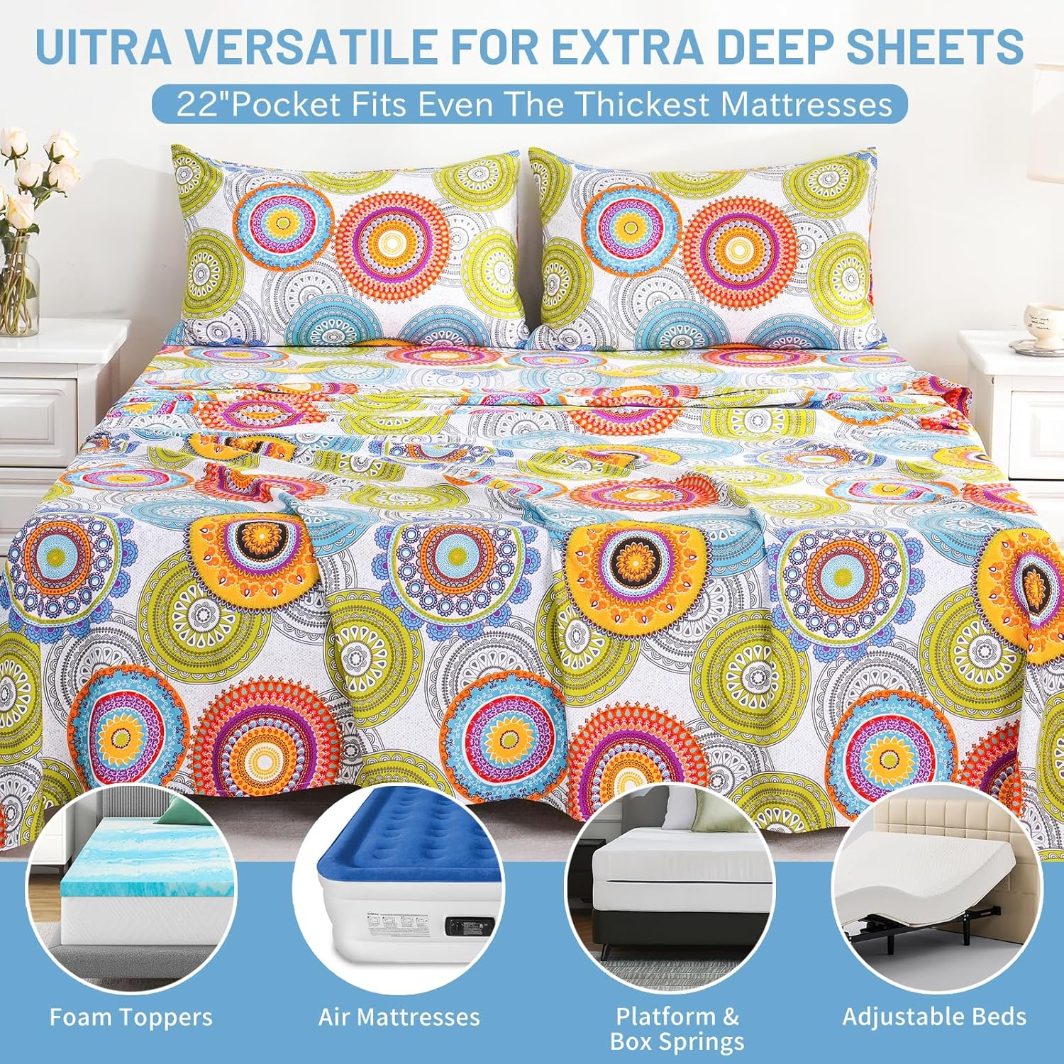 Bedlifes King Size Extra Deep Pocket Sheet Sets - Fits Mattresses up to 18-24" Thick, 4-Piece Microfiber Set with 1800 Thread Count, Soft, Smooth, Breathable, Featuring Mandala Patterned