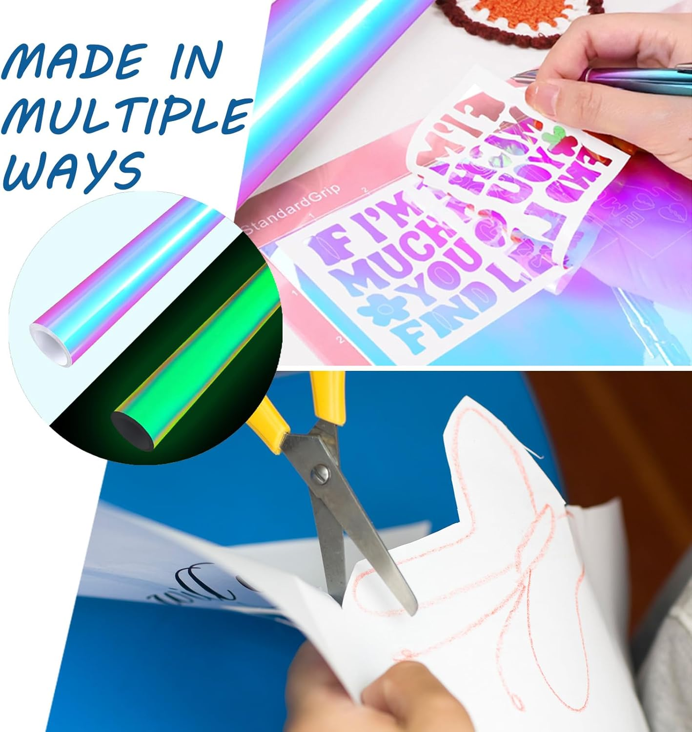 Glow in the Dark Vinyl 12" X 6 Ft Permanent Adhesive Vinyl Holographic Iridescent Vinyl Opal White Glow Green for Wrap, Stickers, Decal, Lettering, DIY Crafts Decor image number 5