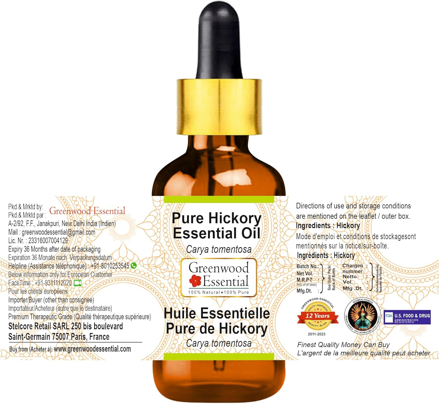Greenwood Essential Pure Hickory Essential Oil (Carya Tomentosa) with Glass Dropper Steam Distilled 10Ml (0.33 Oz)