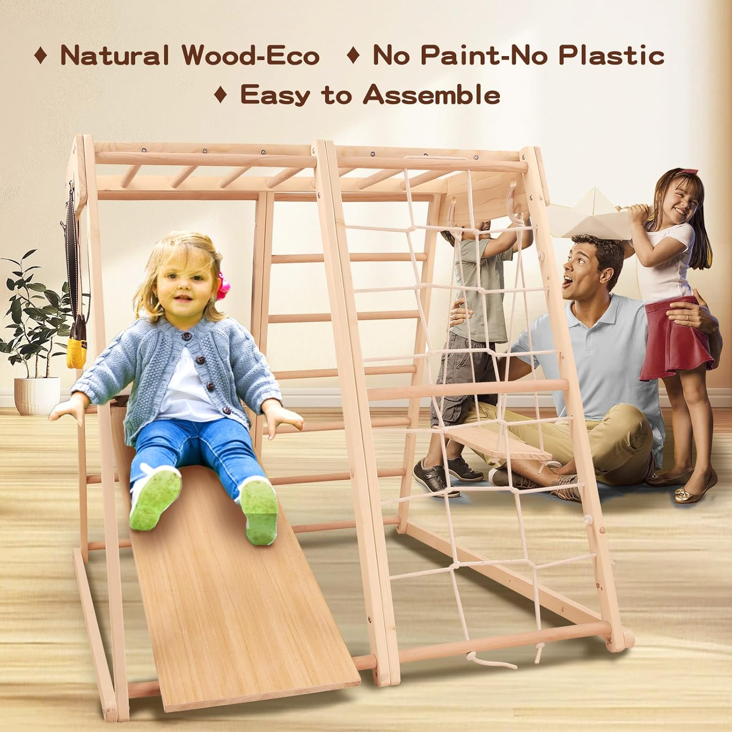 Climbing Frame,Toddler Montessori Wood Playset 9-In-1 with Slide,Toddler Slide,Swing,Jungle Gym,Swedish Ladder,Monkey Bars,Rope Ladder,Rock Wall Dome for Kid Ages 1-7 New Ogelo image number 4