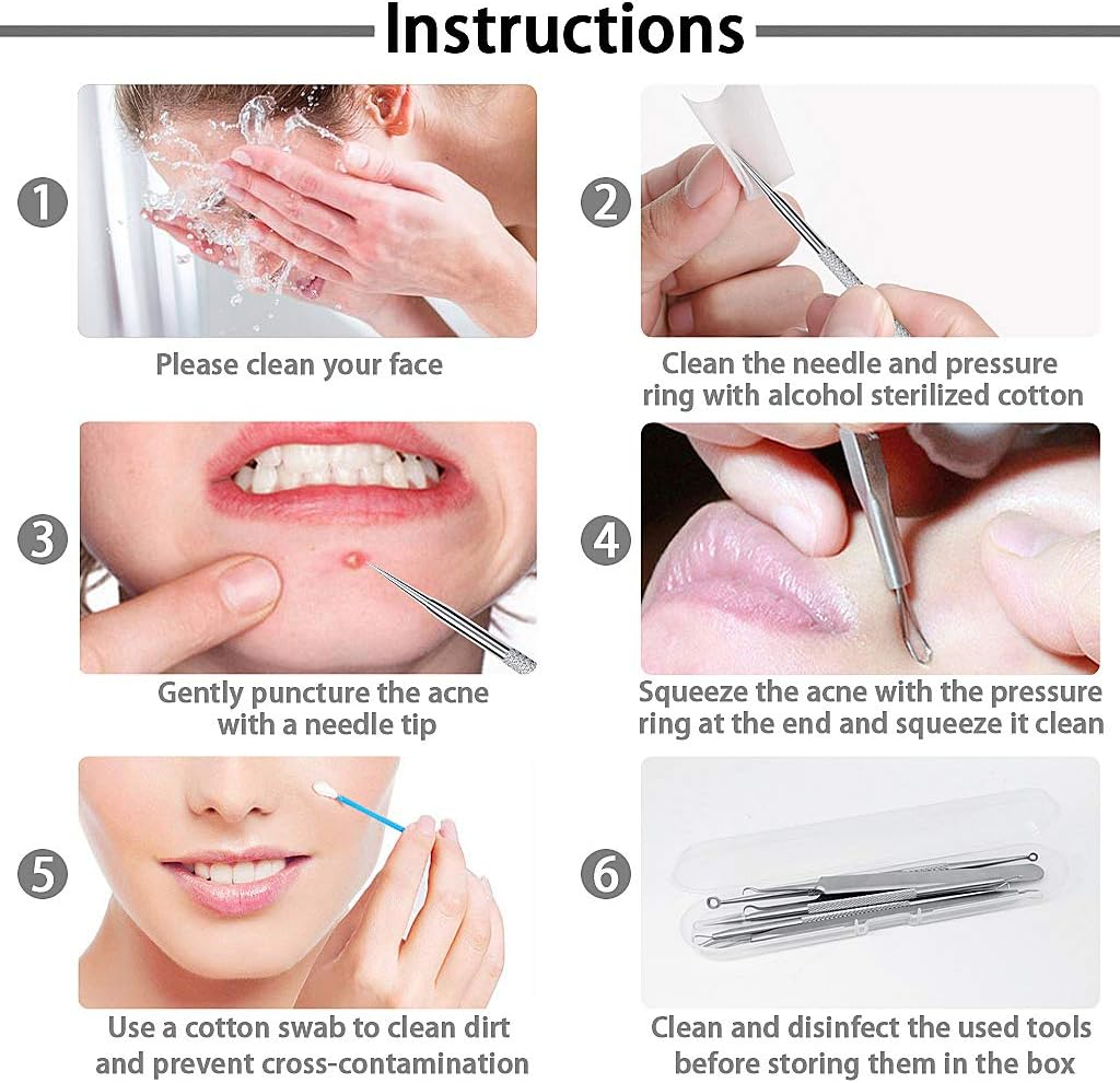 5PCS Blackhead Remover Tool Set Acne Extractor Comedone Pimples Spot and Zit Removal Tool with Case (Silver) image number 4