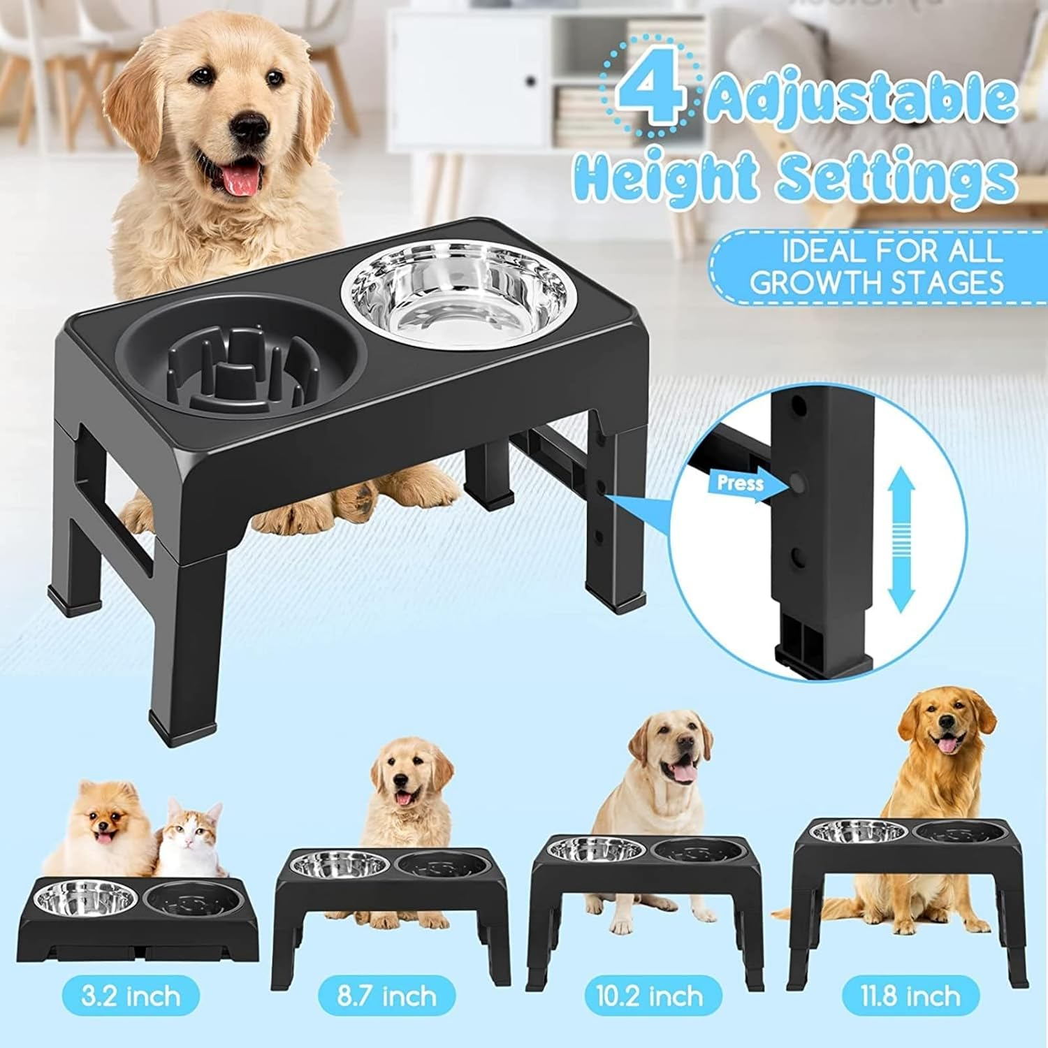 Elevated Raised Slow Feeder Bowls, 4 Height Adjustable Stand with Stainless Steel Water Bowl and Non-Slip Food Bowls for Large Medium Small Dogs and Pets (Black) image number 3