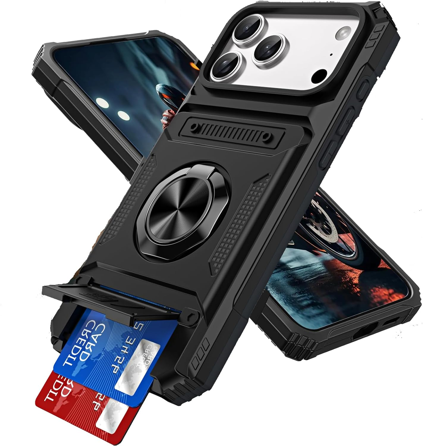 QIWEIQING Case for Iphone A, Military-Grade Shockproof Built-In Kickstand Phone Case Slide Camera Cover Removable Card Holder Anti-Scratch Rugged Bumper Cover for Iphone A. Black LM