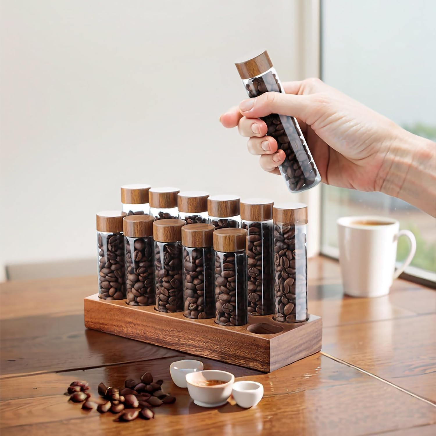 TREELF Coffee Bean Storage,Coffee Storage Container with Walnut Solid Wood Base,Coffee Bean Container,12 Tubes Single Dose with Wooden Holder(Type 2) image number 6