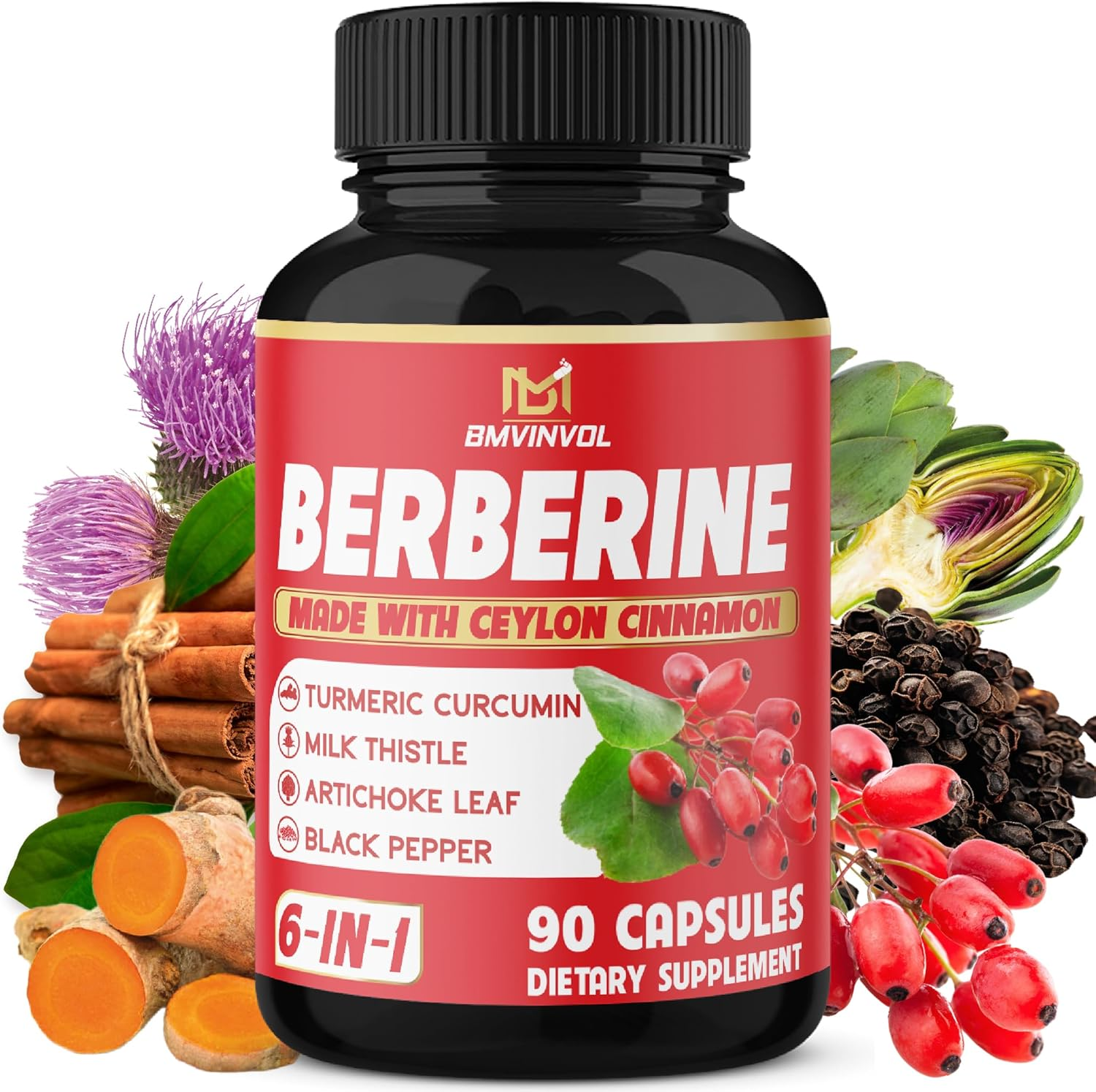 Berberine with Ceylon Cinnamon, Turmeric, Milk Thistle, Artichoke, Black Pepper - 90 Count - Pack of 1 image number 6