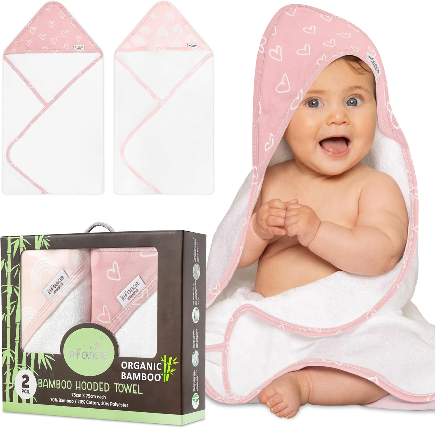 Baby Orgainc Hooded Towel, Premium Bamboo Infant, 2-Pack, 75X75 Cm, Soft Newborn Bath with Hood for Baby Girls & Boys (Seafoam Green/Baby Blue)